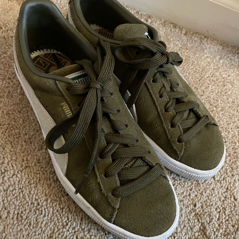 Puma Olive Green Suede Low-Top Sneakers with White Stripe